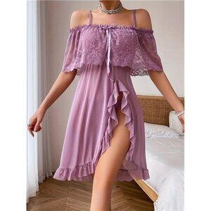 Women'S Elegant Lingerie Set, Cold Shoulder Lace Detailed Nightgown